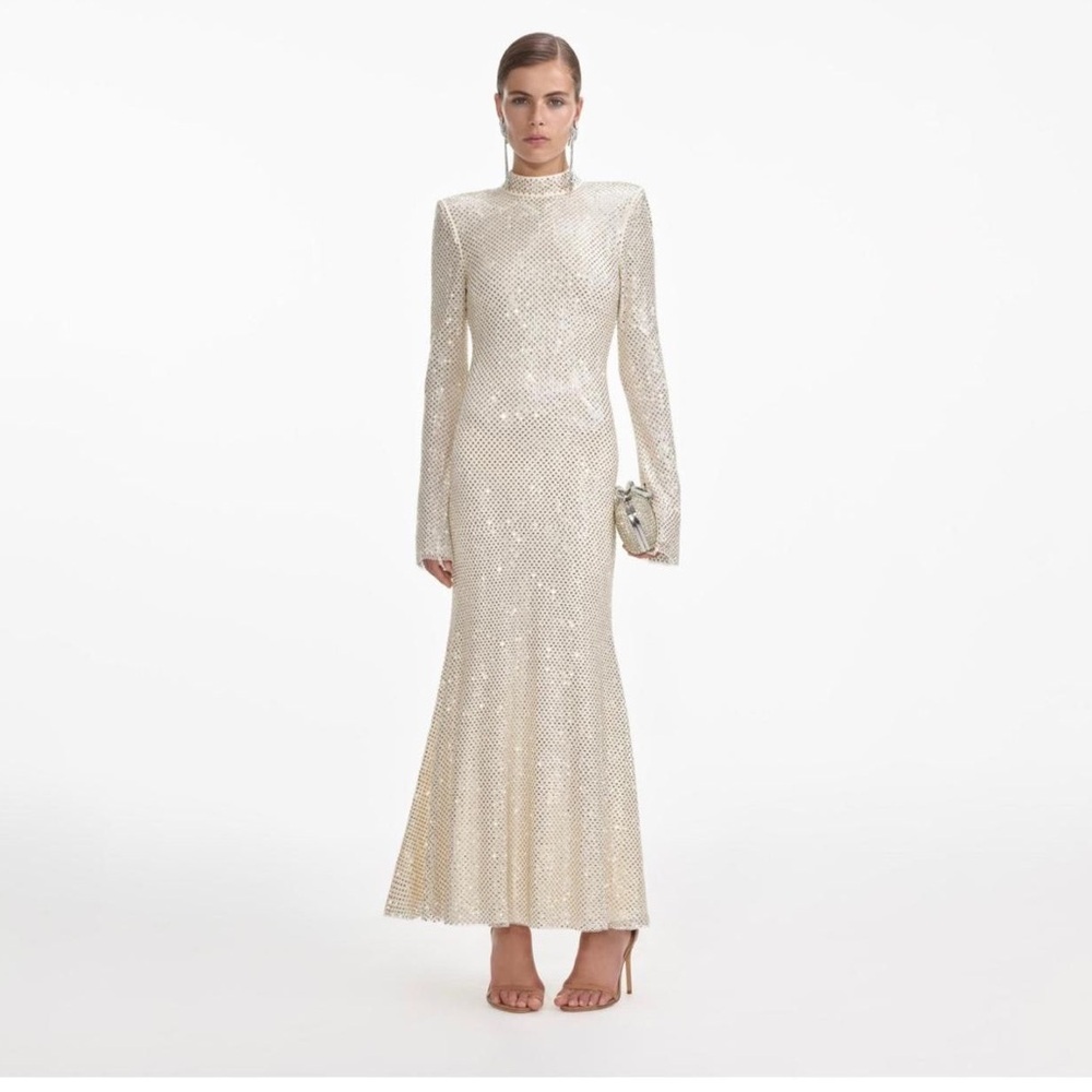 Self Portrait cream square rhinestone fishnet midi dress